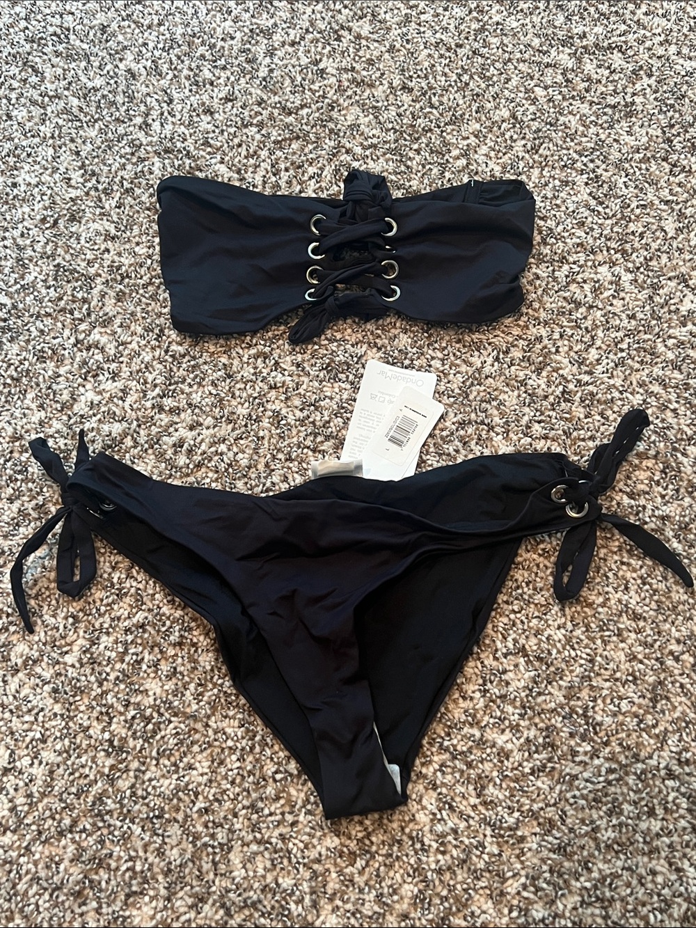 NWT NEW OndadeMar Black Bandeau Bikini Top and Bottoms Tie Up LARGE